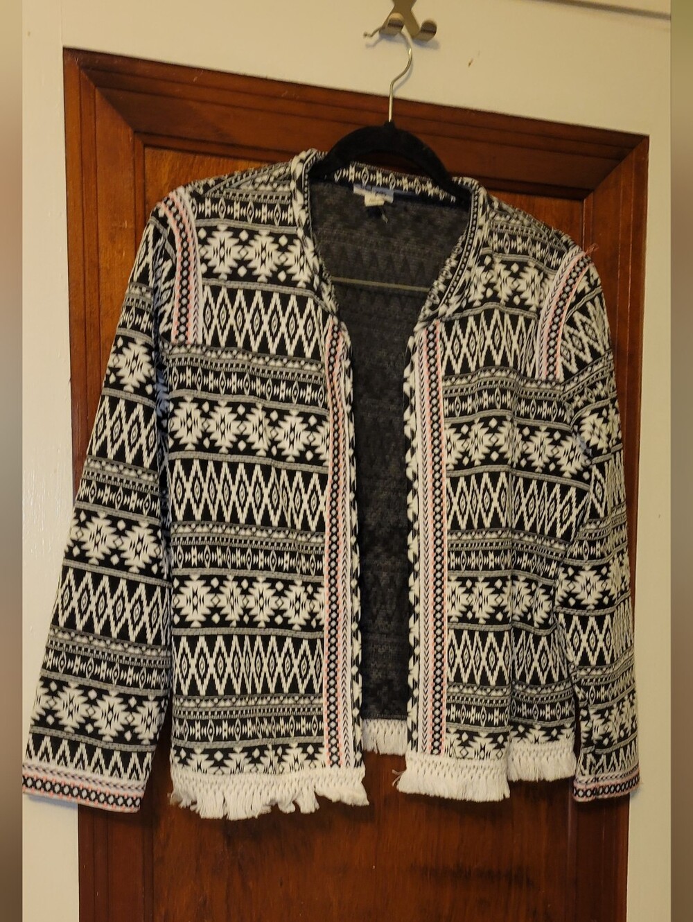 Tribal Black, White and Light Pink Geometric Open Cardigan with Fringe Trim
